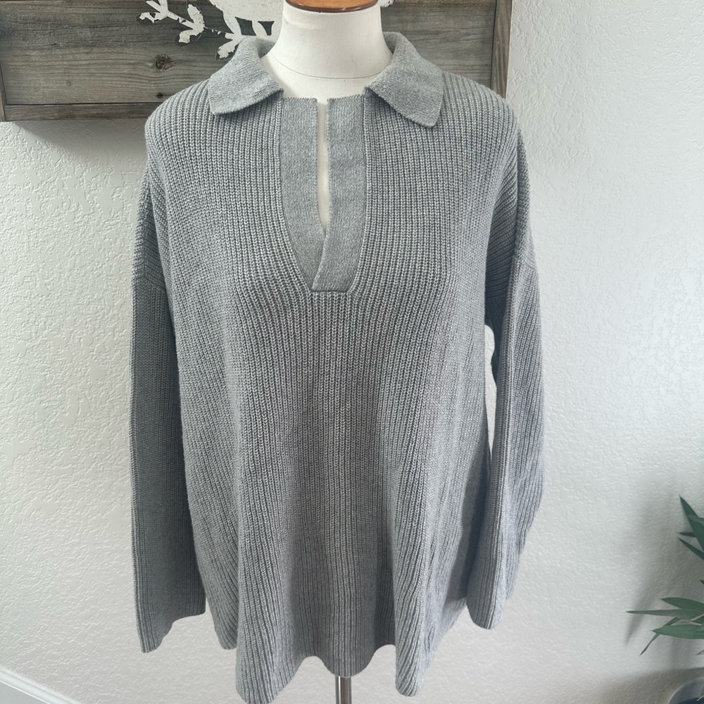 Eileen Fisher Gray V-Neck Boxy Sweater Wool Cashmere blend ladies size M